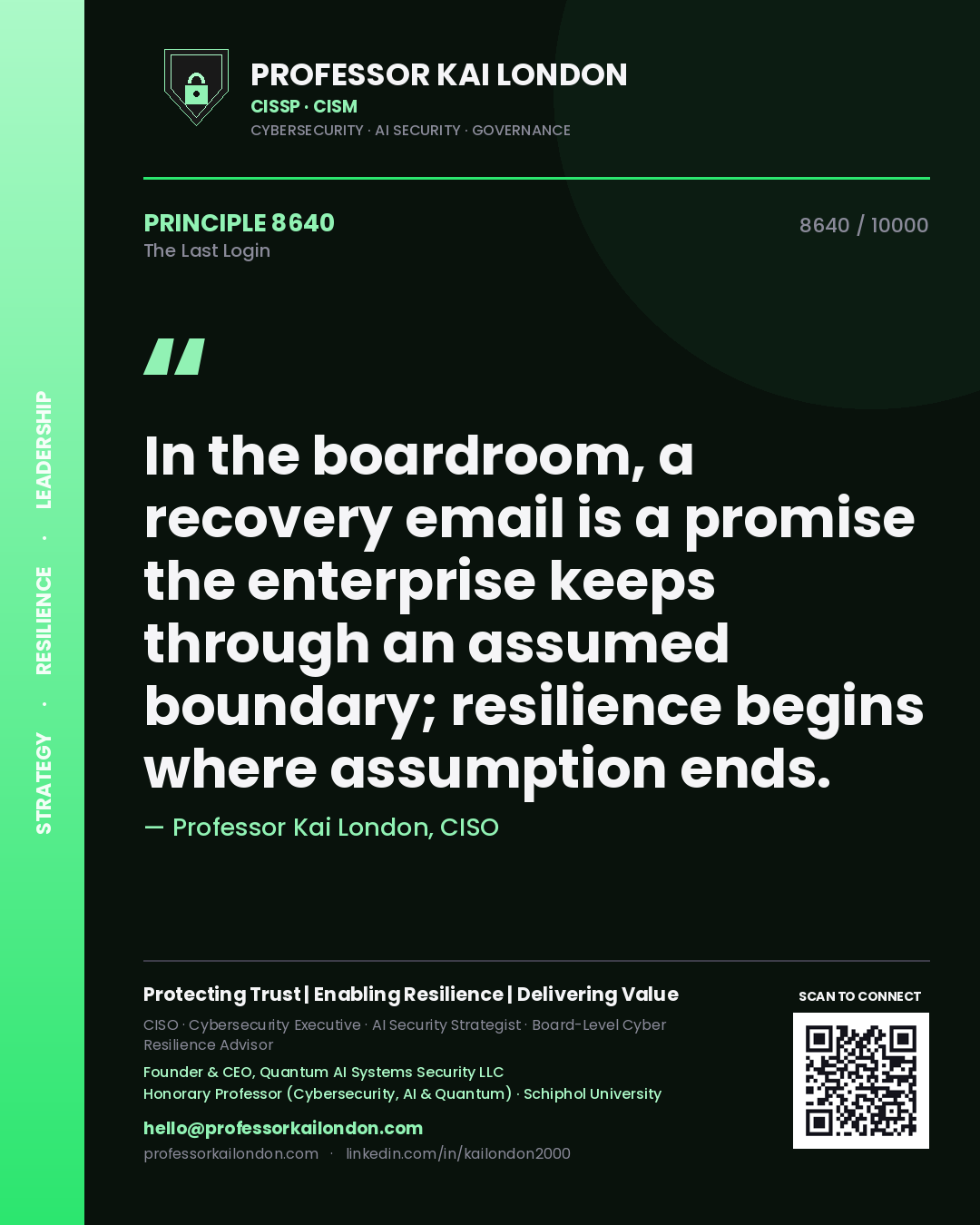 Professor Kai London principle 8640: In the boardroom, a recovery email is a promise the enterprise keeps through an assumed boundary; resilience begins where assumption ends.