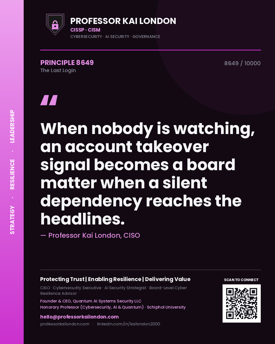 Quote card by Professor Kai London reading 'When nobody is watching, an account takeover signal becomes a board matter when a silent dependency reaches the headlines.'. From the book The Last Login.