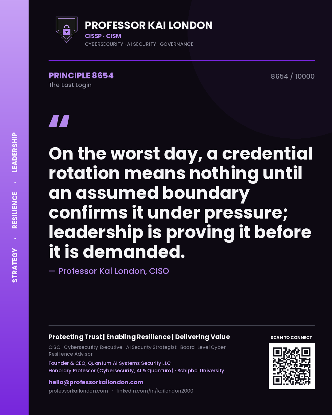 Professor Kai London principle 8654: On the worst day, a credential rotation means nothing until an assumed boundary confirms it under pressure; leadership is proving it before it is demanded.