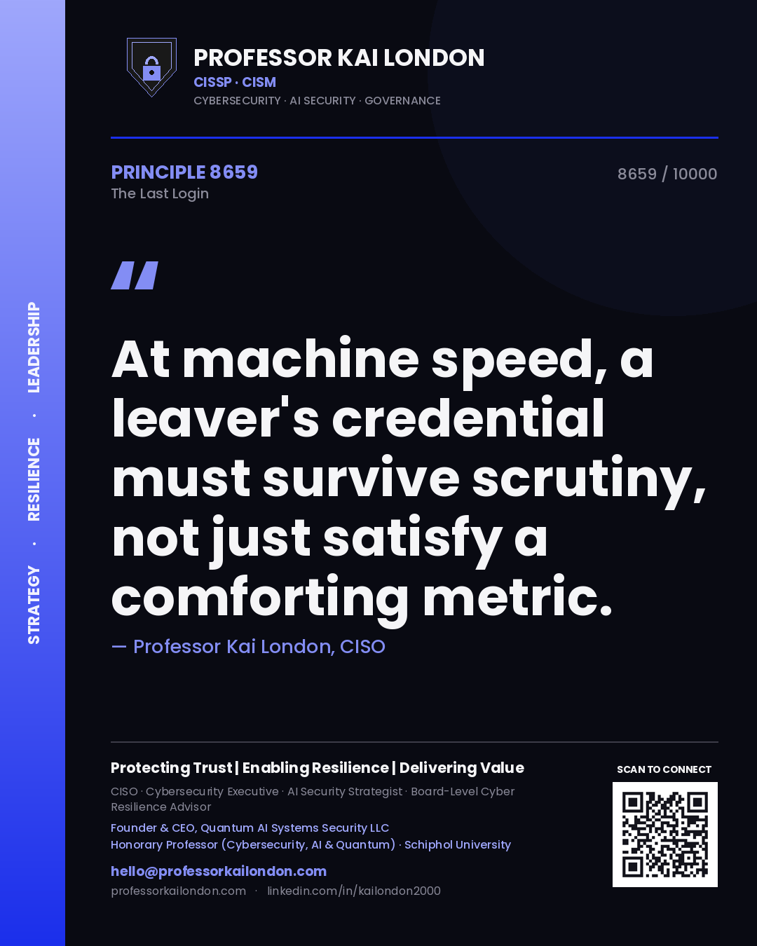 Professor Kai London principle 8659: At machine speed, a leaver's credential must survive scrutiny, not just satisfy a comforting metric.