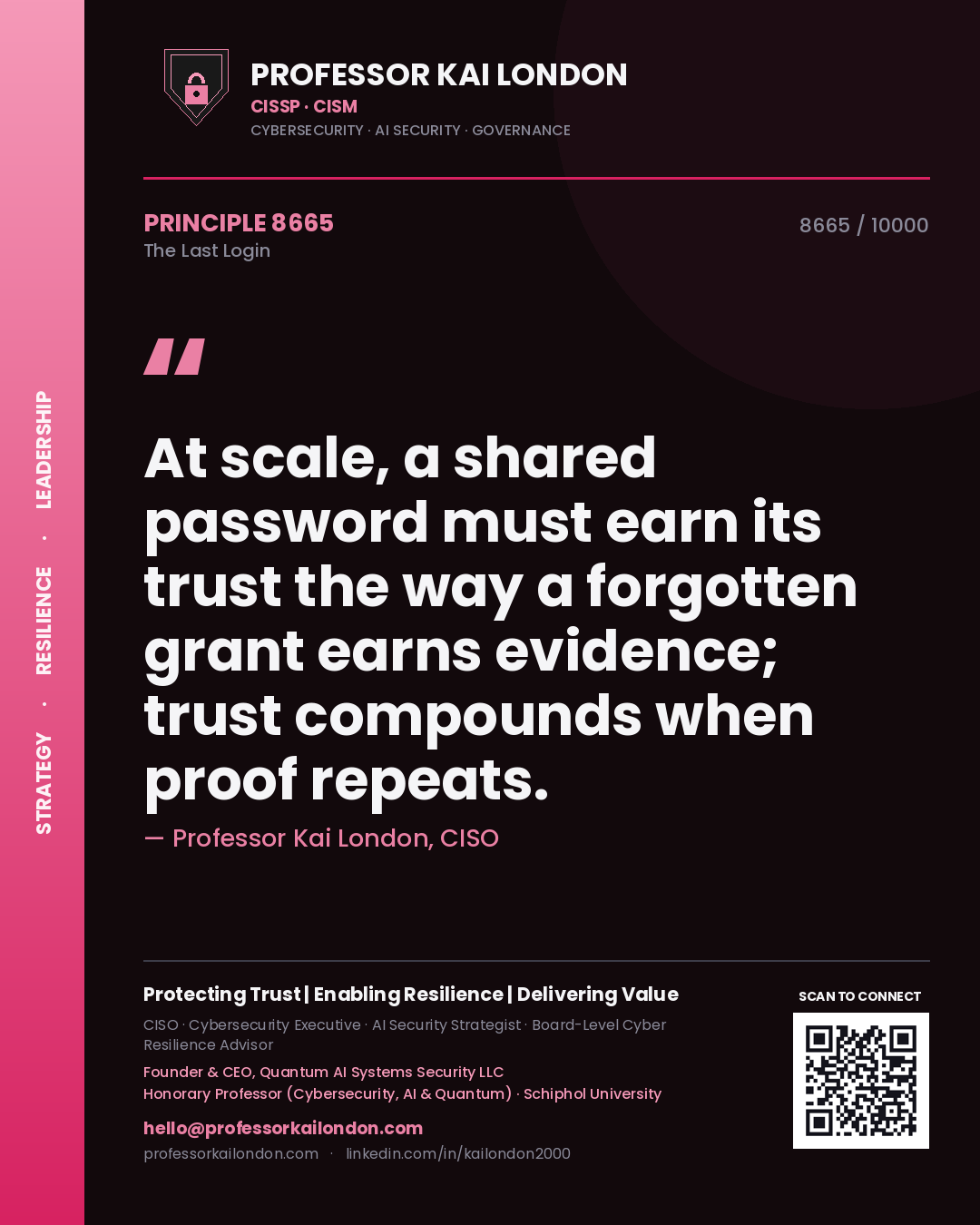 Professor Kai London principle 8665: At scale, a shared password must earn its trust the way a forgotten grant earns evidence; trust compounds when proof repeats.
