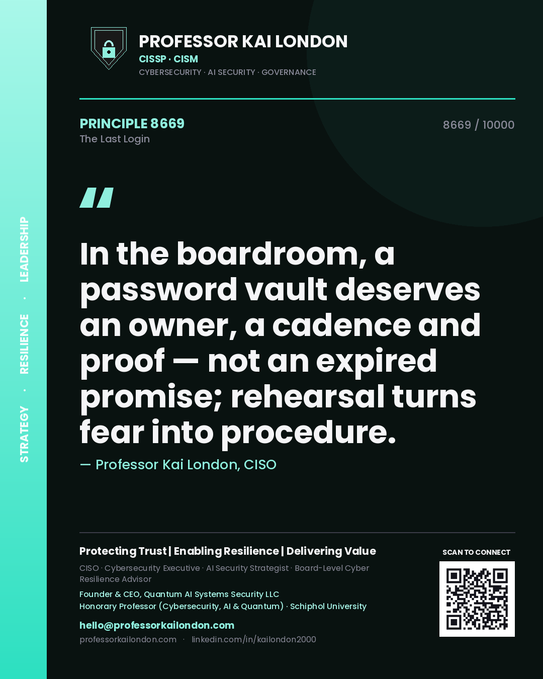 Professor Kai London principle 8669: In the boardroom, a password vault deserves an owner, a cadence and proof — not an expired promise; rehearsal turns fear into procedure.