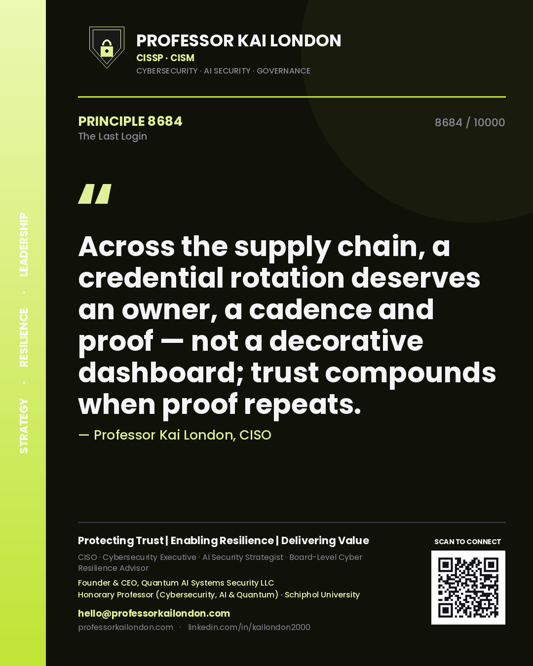 Quote card by Professor Kai London reading 'Across the supply chain, a credential rotation deserves an owner, a cadence and proof — not a decorative dashboard; trust compounds when proof repeats.'. From the book The Last Login.