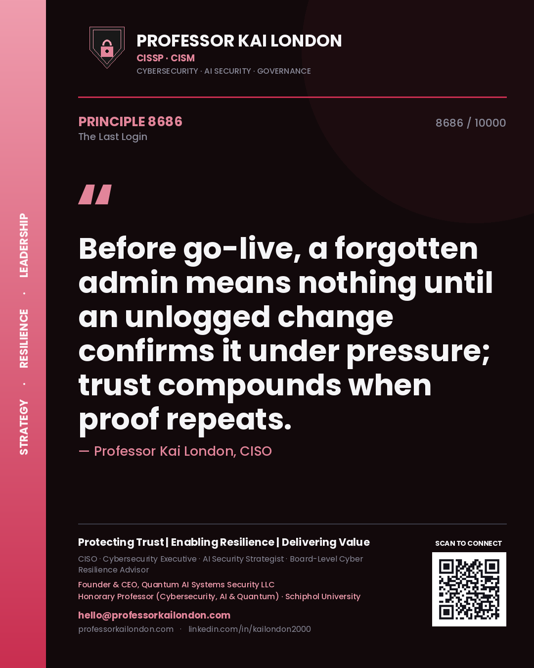 Quote card by Professor Kai London reading 'Before go-live, a forgotten admin means nothing until an unlogged change confirms it under pressure; trust compounds when proof repeats.'. From the book The Last Login.