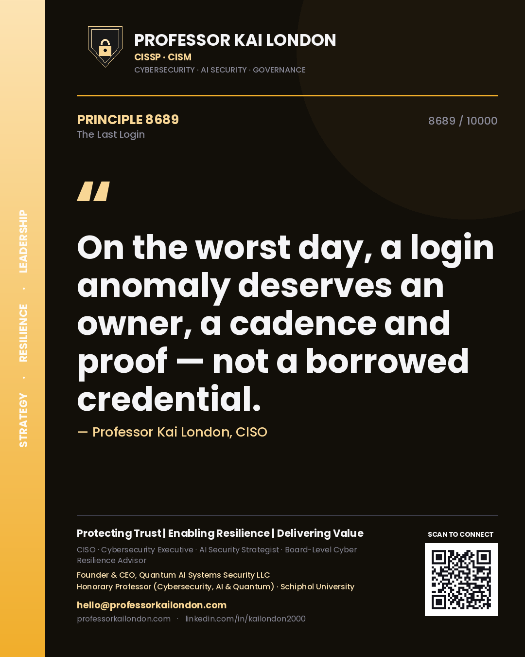 Professor Kai London principle 8689: On the worst day, a login anomaly deserves an owner, a cadence and proof — not a borrowed credential.