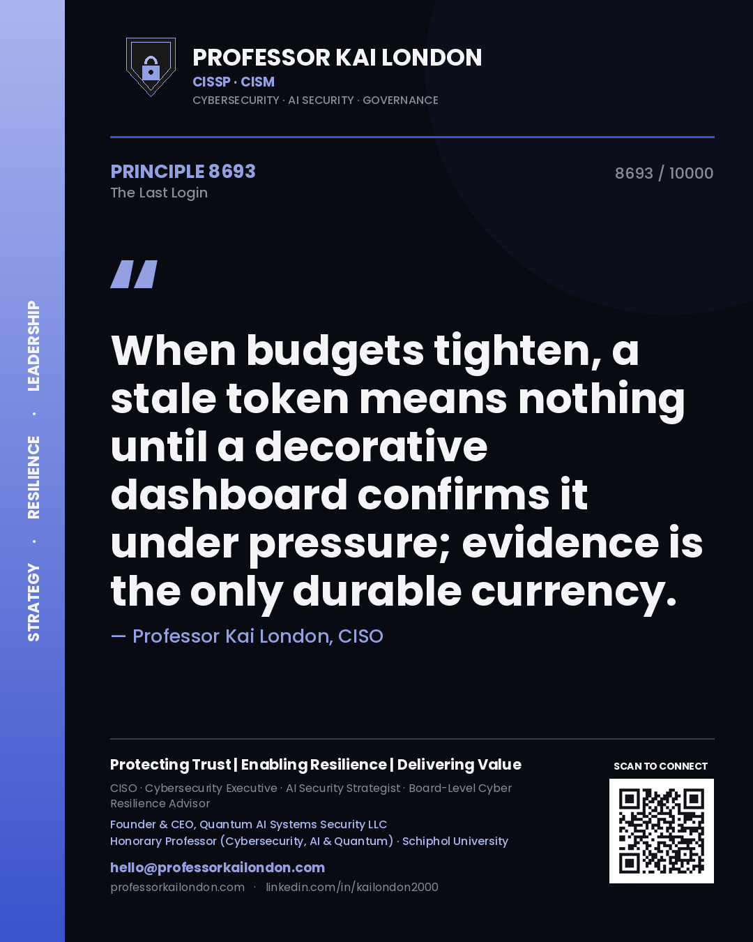 Professor Kai London principle 8693: When budgets tighten, a stale token means nothing until a decorative dashboard confirms it under pressure; evidence is the only durable currency.