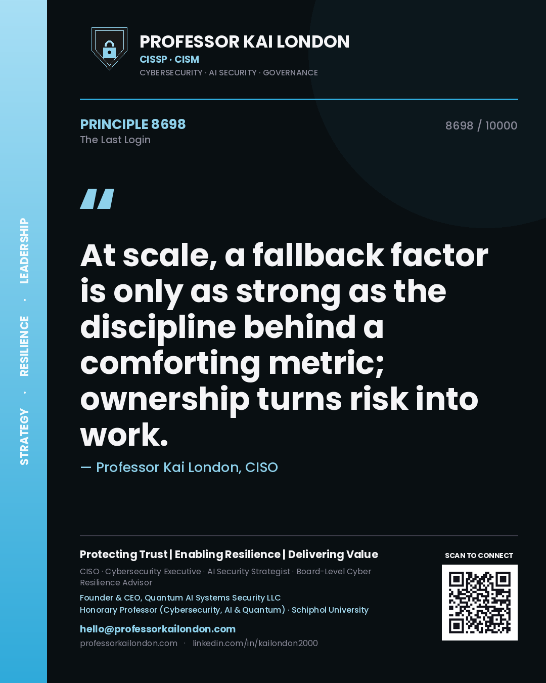 Professor Kai London principle 8698: At scale, a fallback factor is only as strong as the discipline behind a comforting metric; ownership turns risk into work.