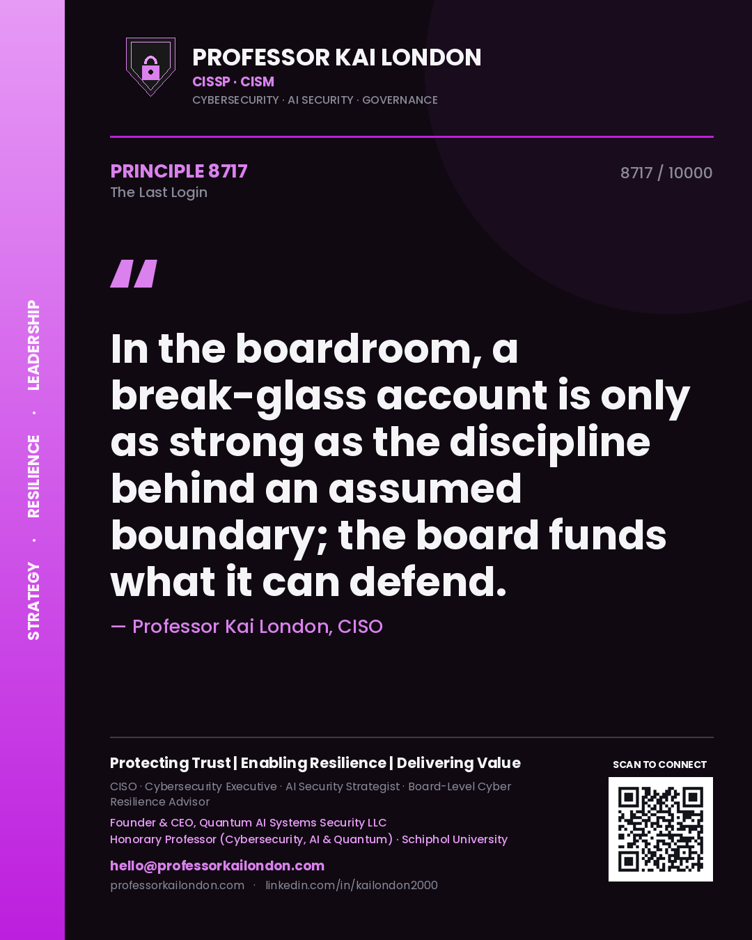 Quote card by Professor Kai London reading 'In the boardroom, a break-glass account is only as strong as the discipline behind an assumed boundary; the board funds what it can defend.'. From the book The Last Login.