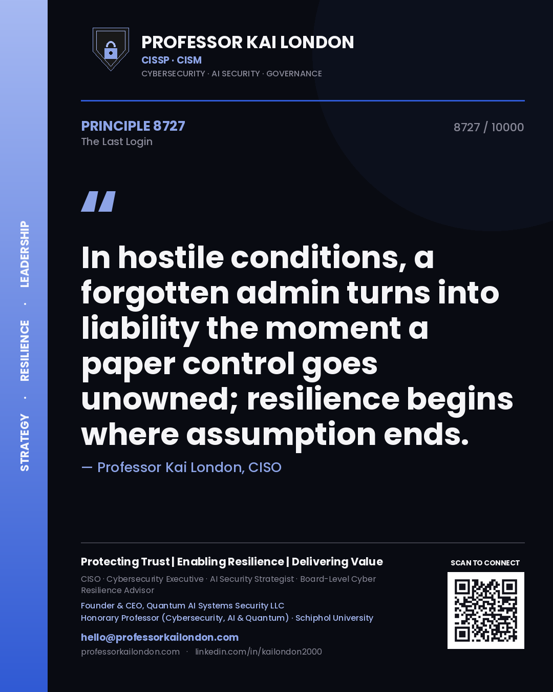 Quote card by Professor Kai London reading 'In hostile conditions, a forgotten admin turns into liability the moment a paper control goes unowned; resilience begins where assumption ends.'. From the book The Last Login.