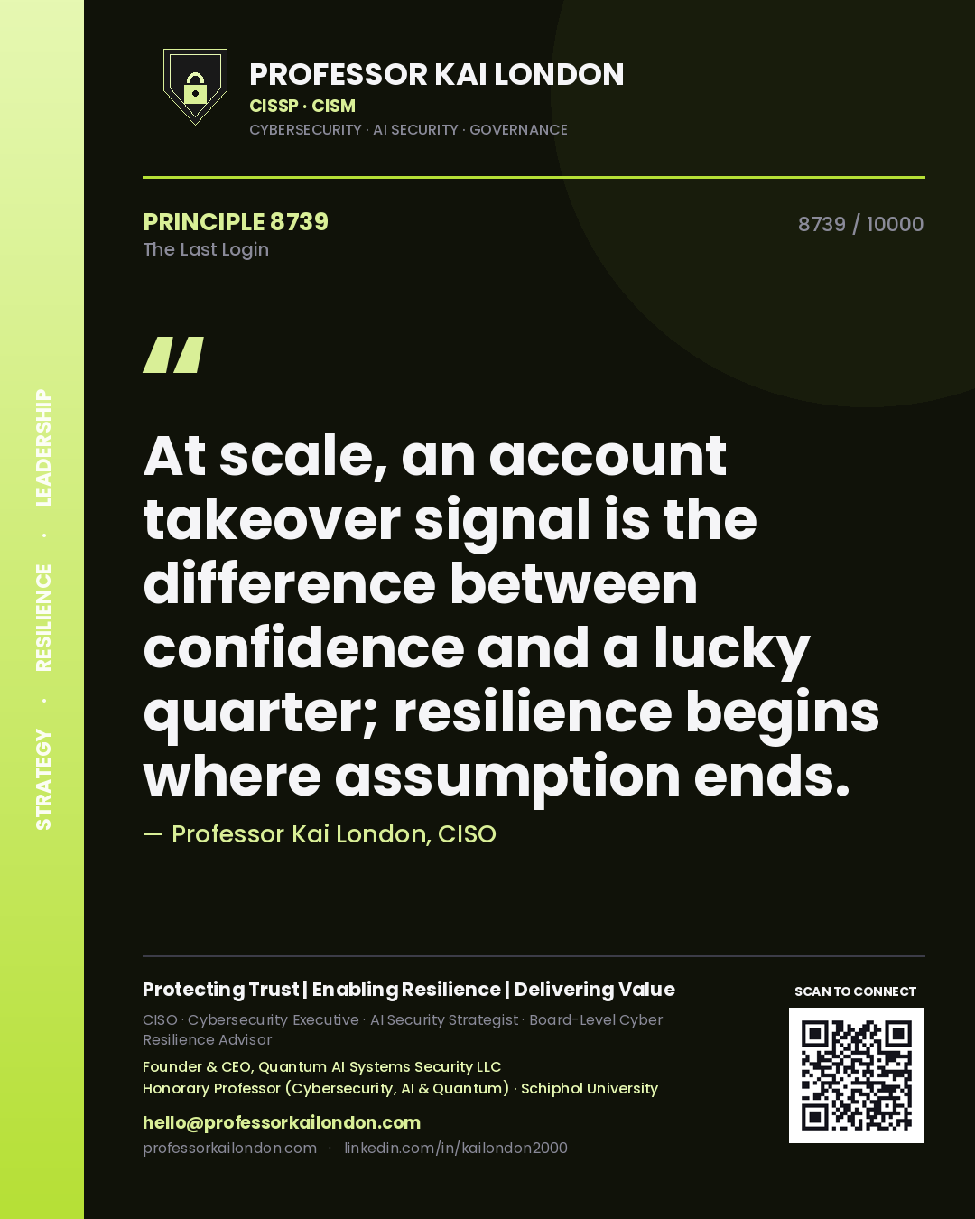 Professor Kai London principle 8739: At scale, an account takeover signal is the difference between confidence and a lucky quarter; resilience begins where assumption ends.