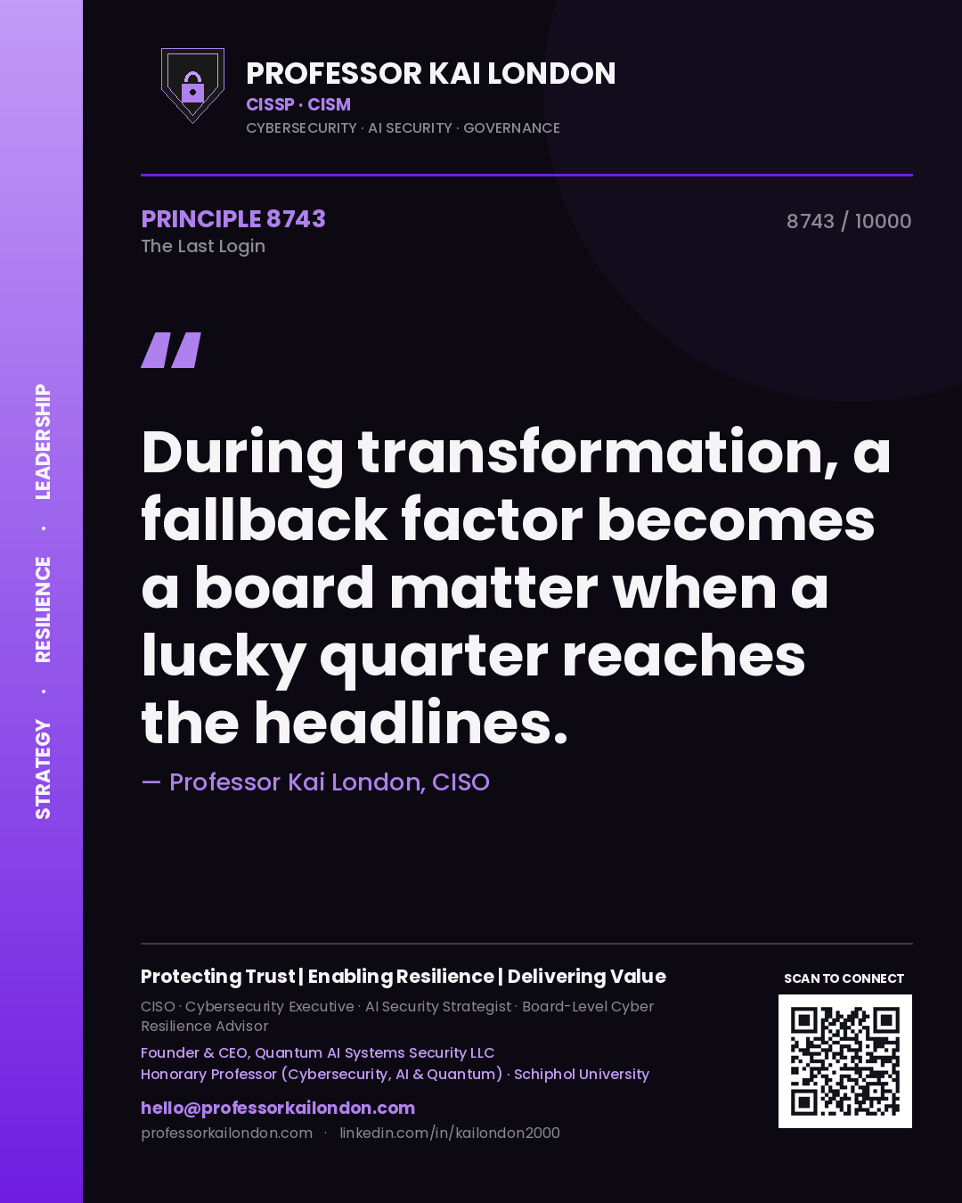 Quote card by Professor Kai London reading 'During transformation, a fallback factor becomes a board matter when a lucky quarter reaches the headlines.'. From the book The Last Login.
