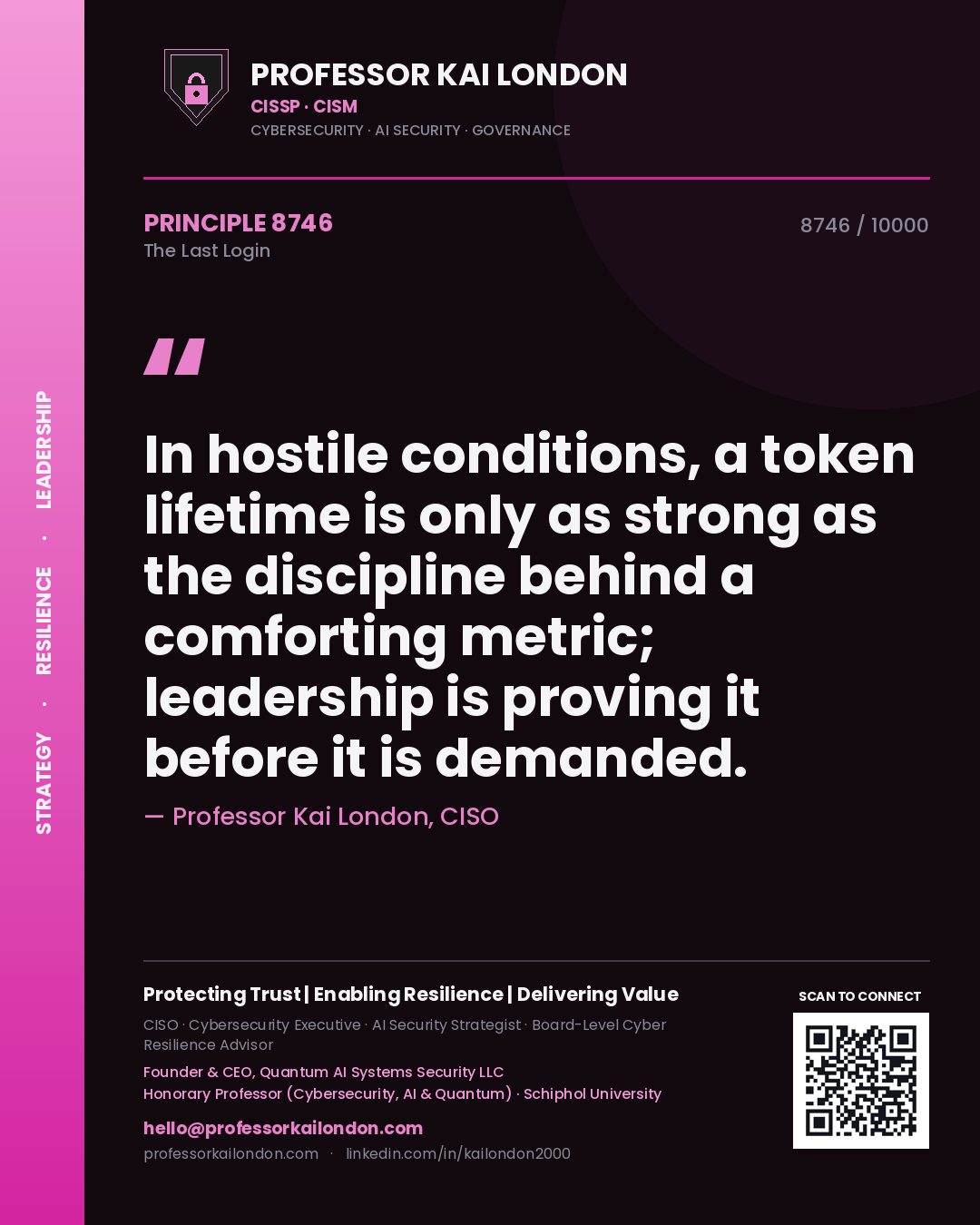 Quote card by Professor Kai London reading 'In hostile conditions, a token lifetime is only as strong as the discipline behind a comforting metric; leadership is proving it before it is demanded.'. From the book The Last Login.