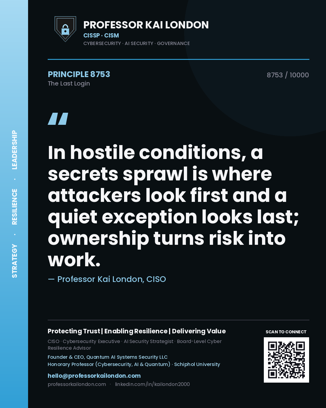 Quote card by Professor Kai London reading 'In hostile conditions, a secrets sprawl is where attackers look first and a quiet exception looks last; ownership turns risk into work.'. From the book The Last Login.