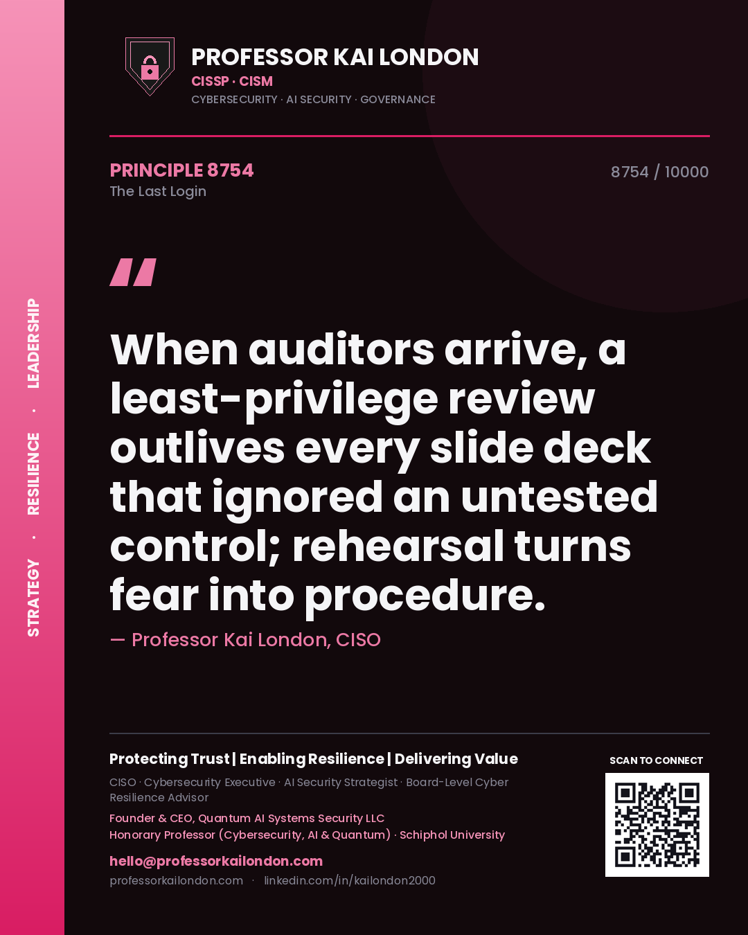 Quote card by Professor Kai London reading 'When auditors arrive, a least-privilege review outlives every slide deck that ignored an untested control; rehearsal turns fear into procedure.'. From the book The Last Login.