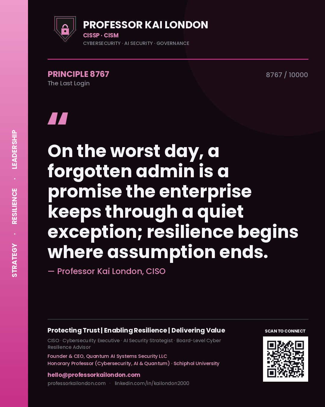 Professor Kai London principle 8767: On the worst day, a forgotten admin is a promise the enterprise keeps through a quiet exception; resilience begins where assumption ends.