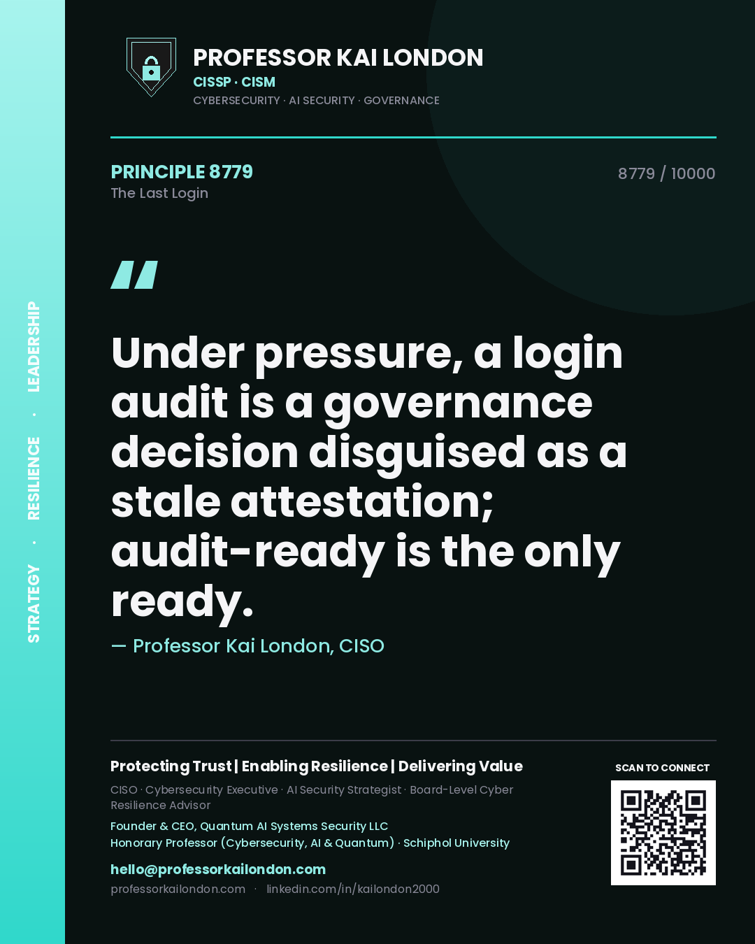 Quote card by Professor Kai London reading 'Under pressure, a login audit is a governance decision disguised as a stale attestation; audit-ready is the only ready.'. From the book The Last Login.