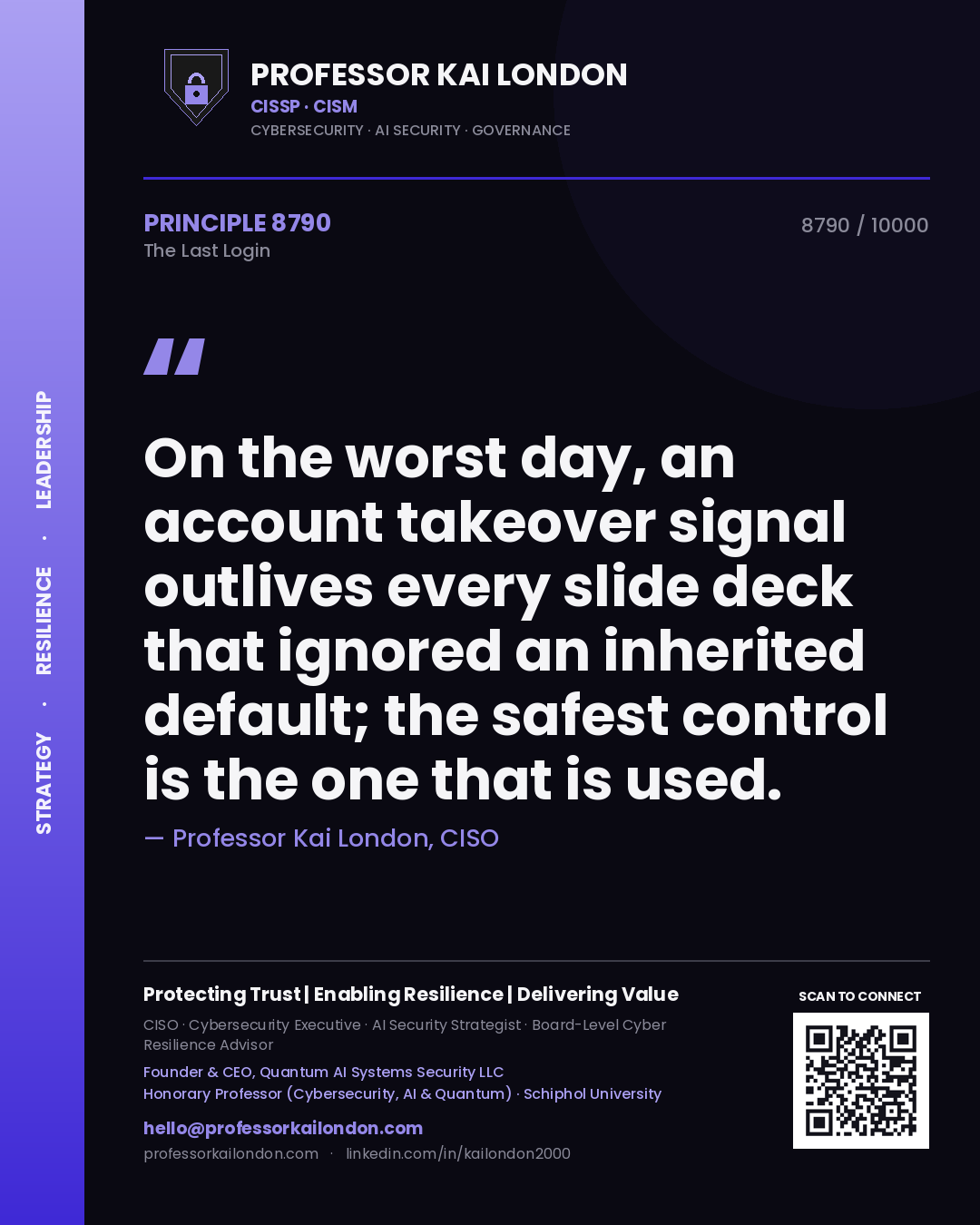 Professor Kai London principle 8790: On the worst day, an account takeover signal outlives every slide deck that ignored an inherited default; the safest control is the one that is used.