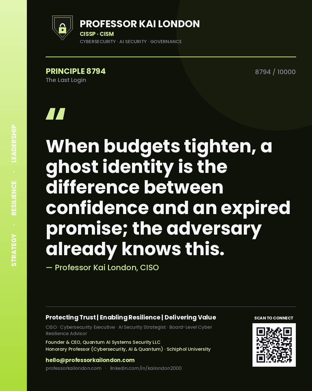 Quote card by Professor Kai London reading 'When budgets tighten, a ghost identity is the difference between confidence and an expired promise; the adversary already knows this.'. From the book The Last Login.