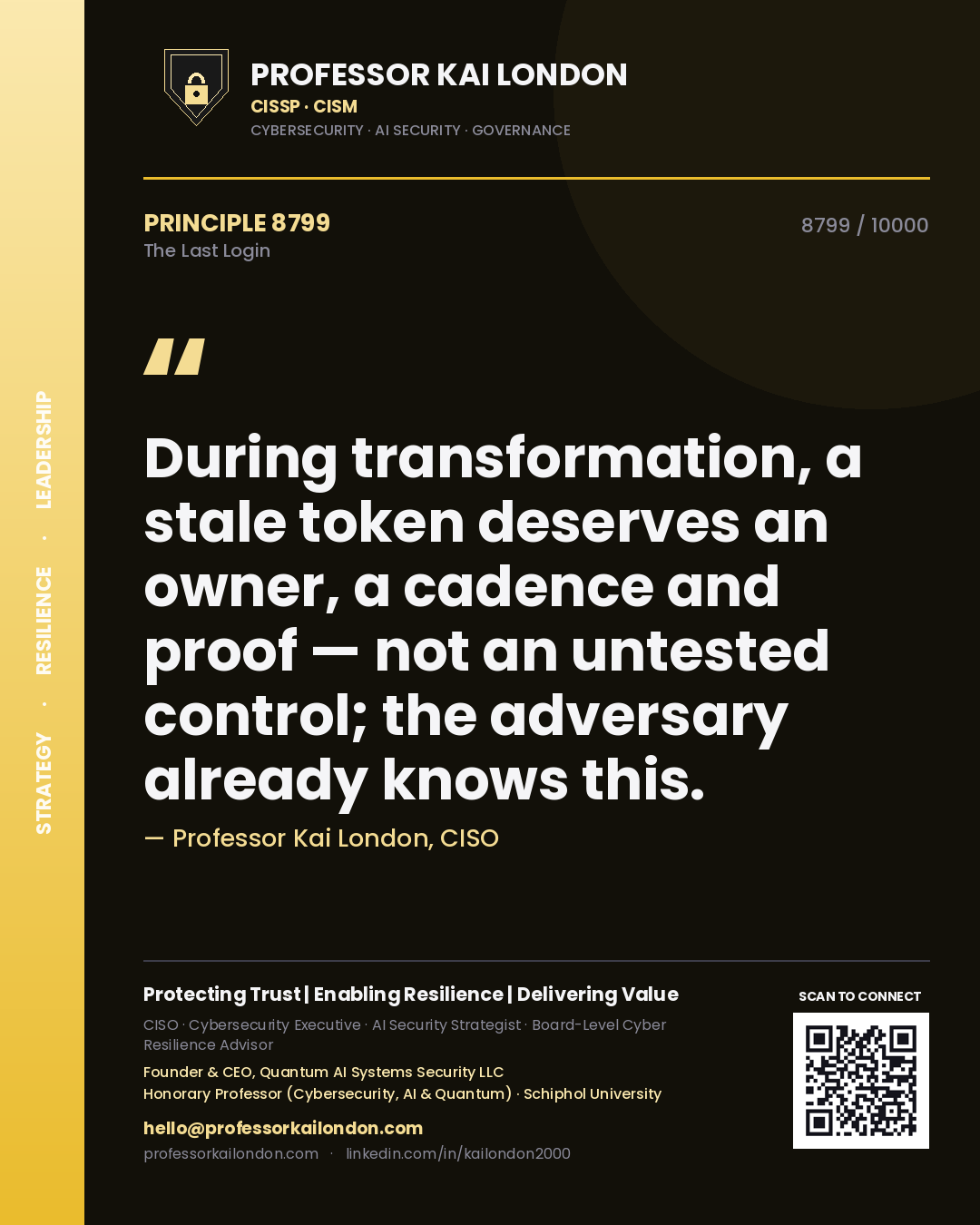 Professor Kai London principle 8799: During transformation, a stale token deserves an owner, a cadence and proof — not an untested control; the adversary already knows this.