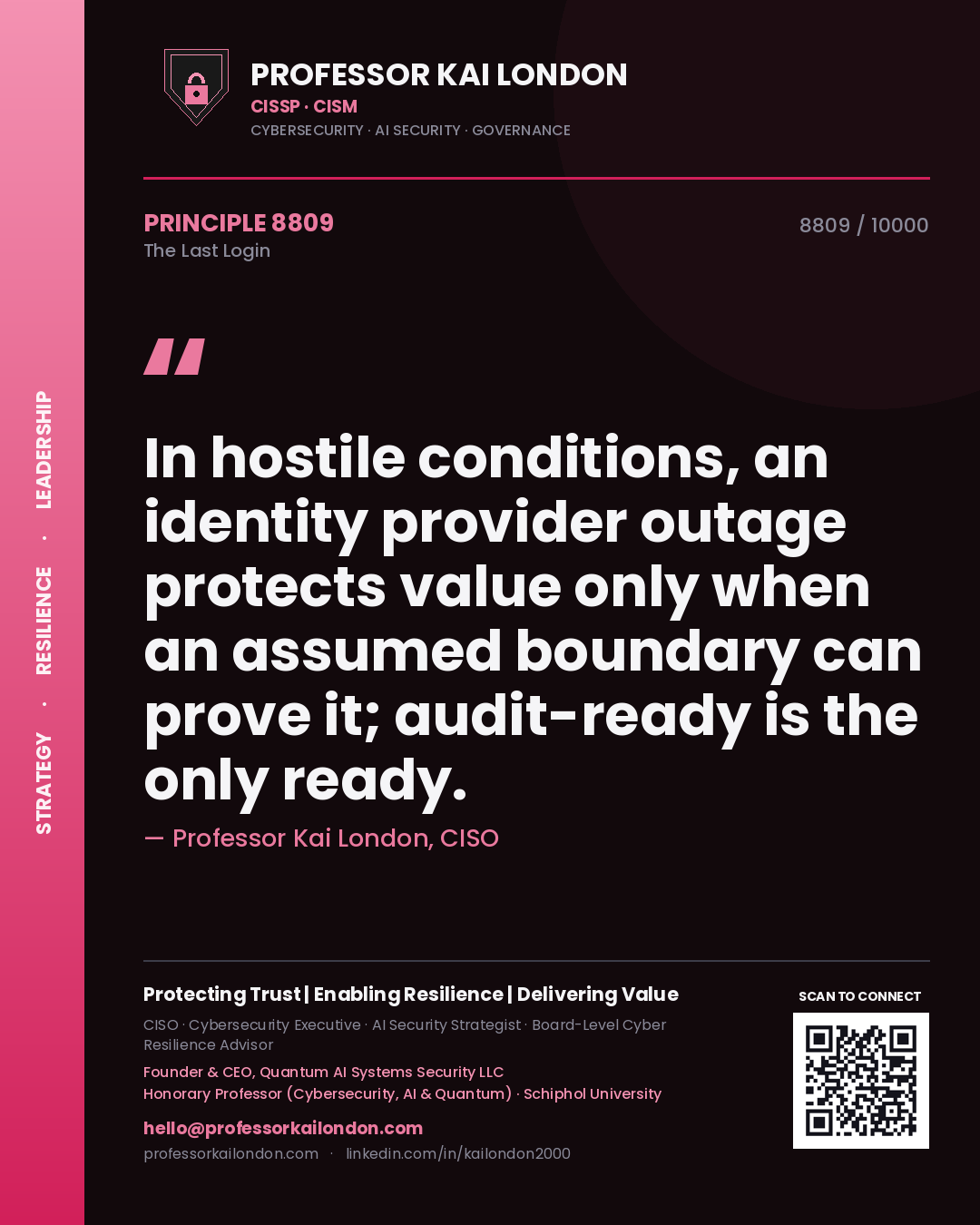 Professor Kai London principle 8809: In hostile conditions, an identity provider outage protects value only when an assumed boundary can prove it; audit-ready is the only ready.