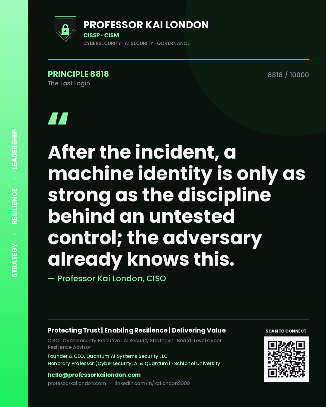 Quote card by Professor Kai London reading 'After the incident, a machine identity is only as strong as the discipline behind an untested control; the adversary already knows this.'. From the book The Last Login.