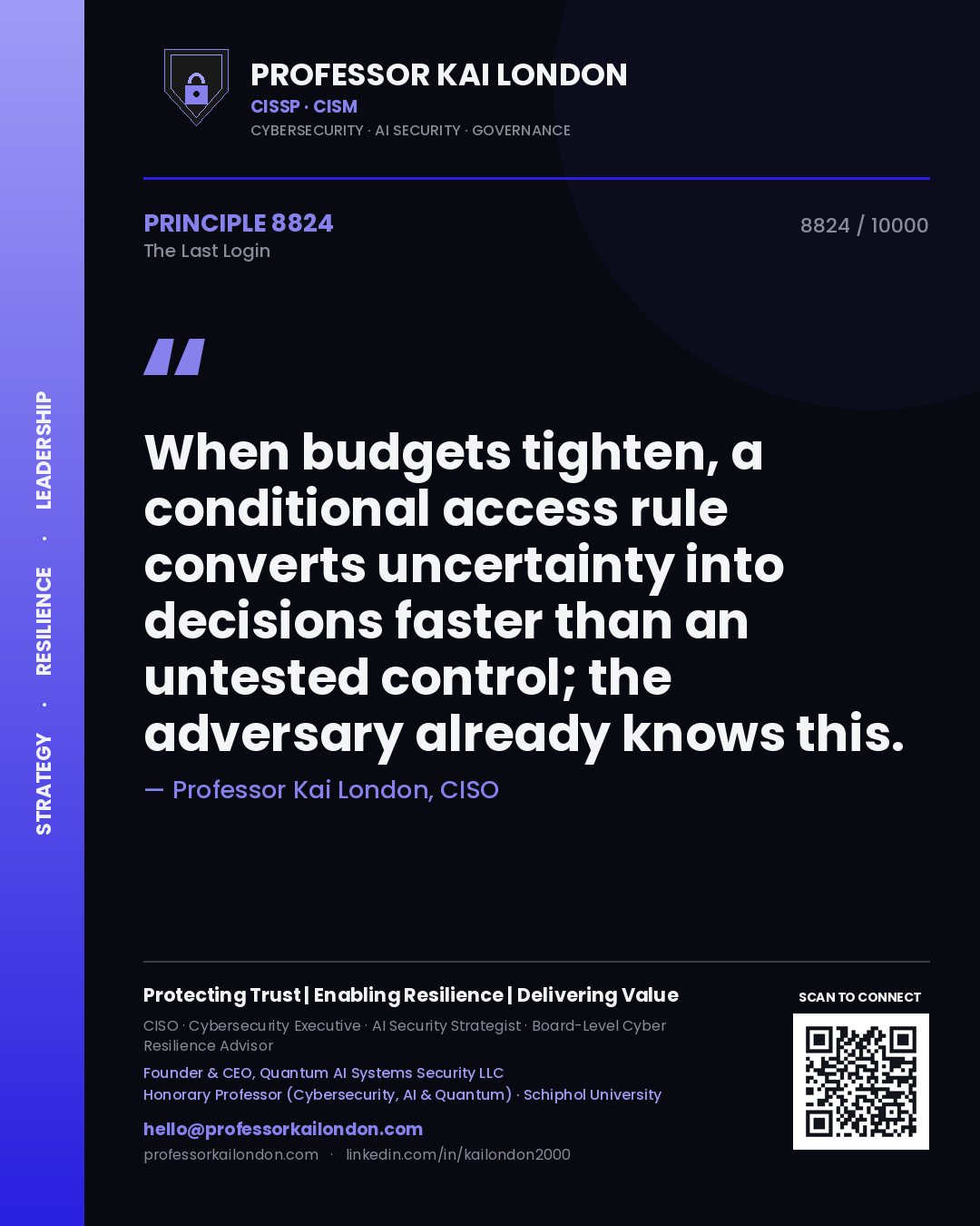 Quote card by Professor Kai London reading 'When budgets tighten, a conditional access rule converts uncertainty into decisions faster than an untested control; the adversary already knows this.'. From the book The Last Login.