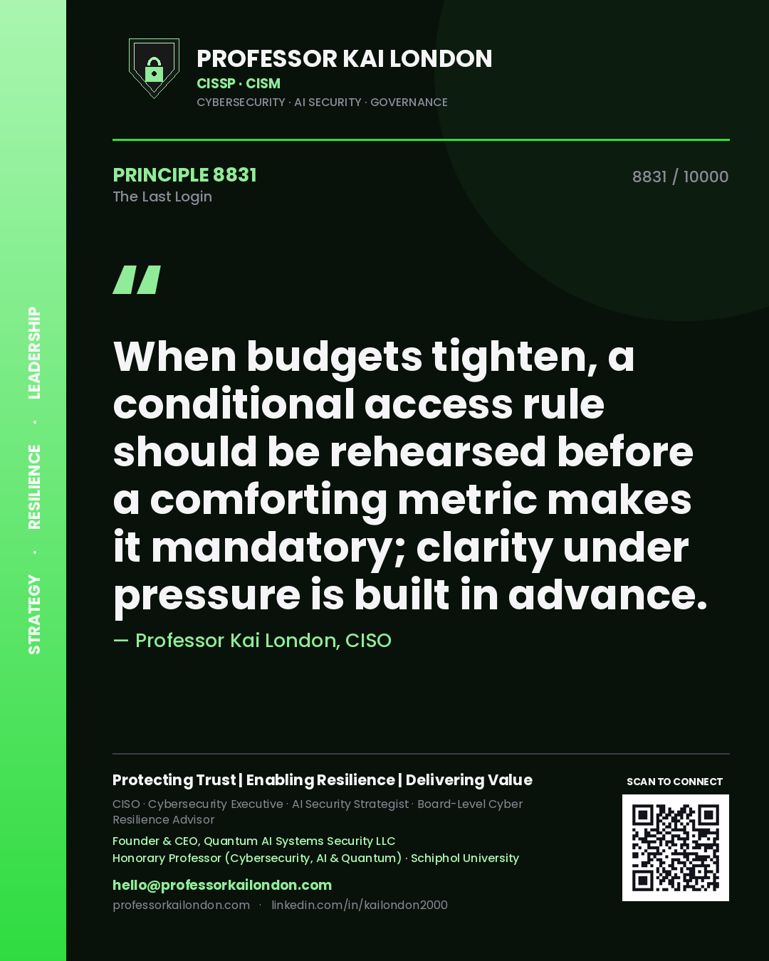 Quote card by Professor Kai London reading 'When budgets tighten, a conditional access rule should be rehearsed before a comforting metric makes it mandatory; clarity under pressure is built in advance.'. From the book The Last Login.