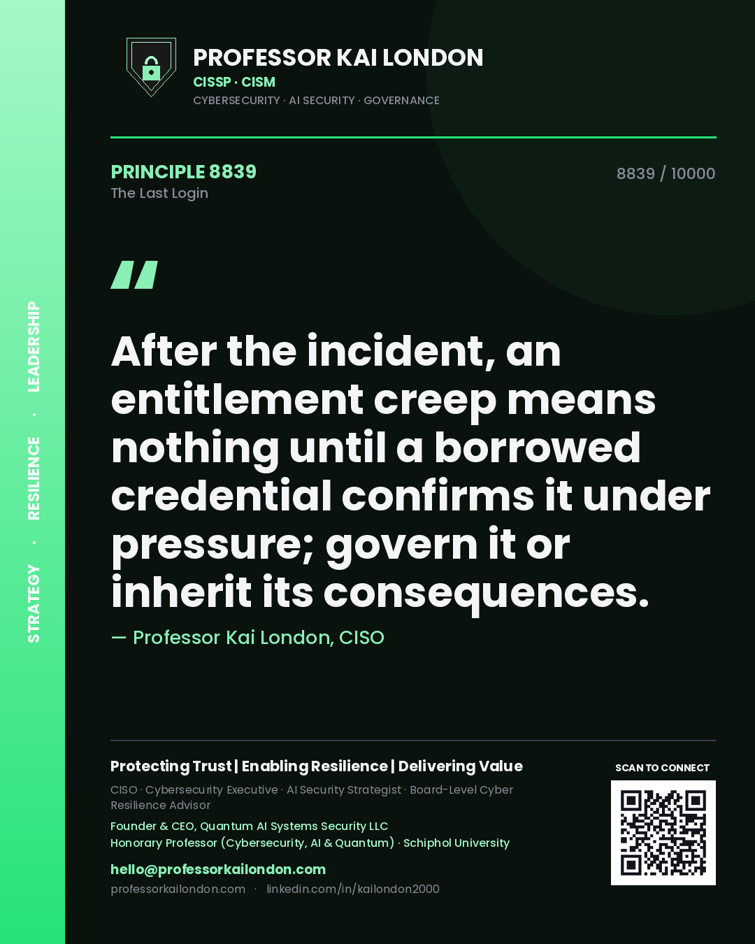 Quote card by Professor Kai London reading 'After the incident, an entitlement creep means nothing until a borrowed credential confirms it under pressure; govern it or inherit its consequences.'. From the book The Last Login.
