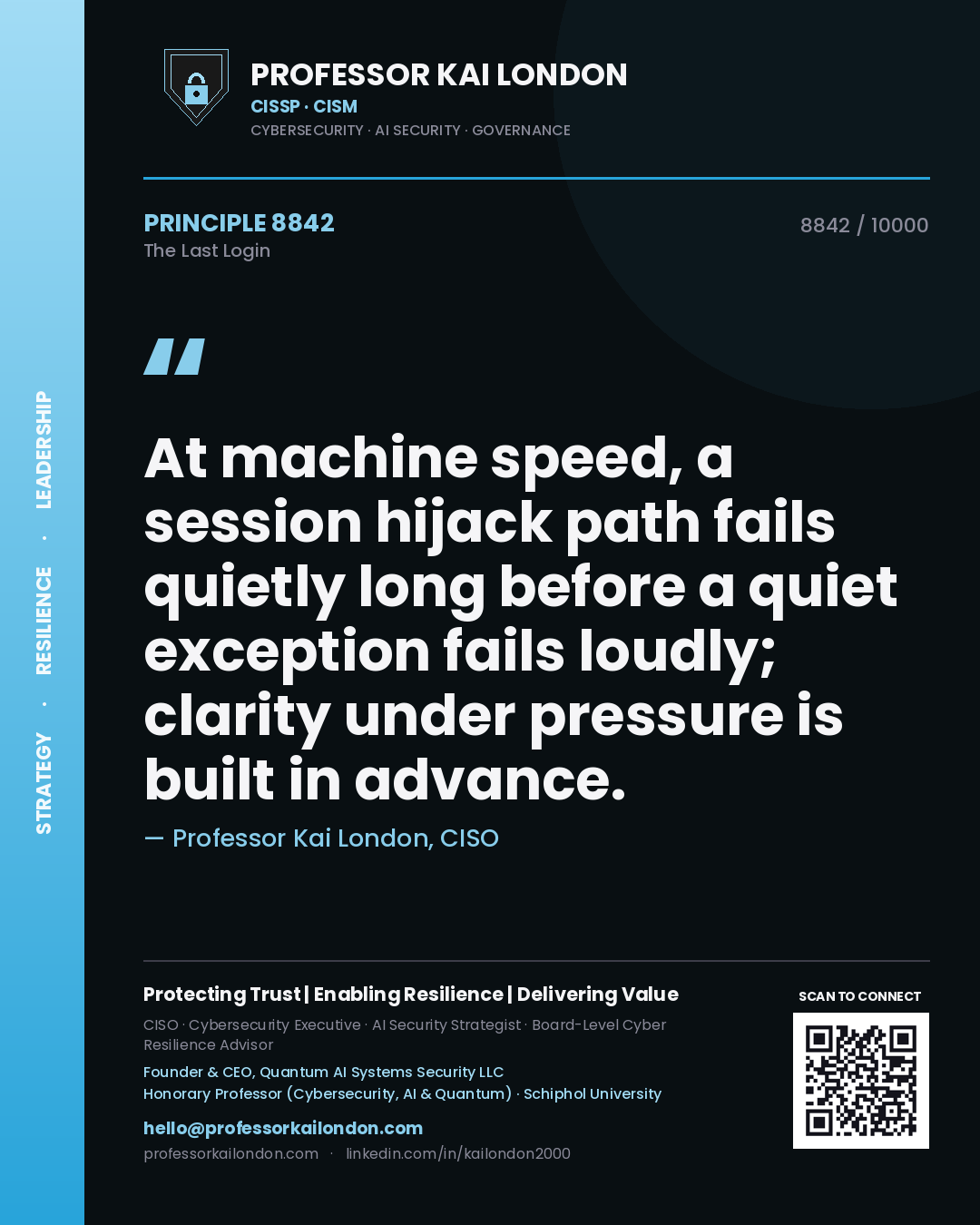 Quote card by Professor Kai London reading 'At machine speed, a session hijack path fails quietly long before a quiet exception fails loudly; clarity under pressure is built in advance.'. From the book The Last Login.