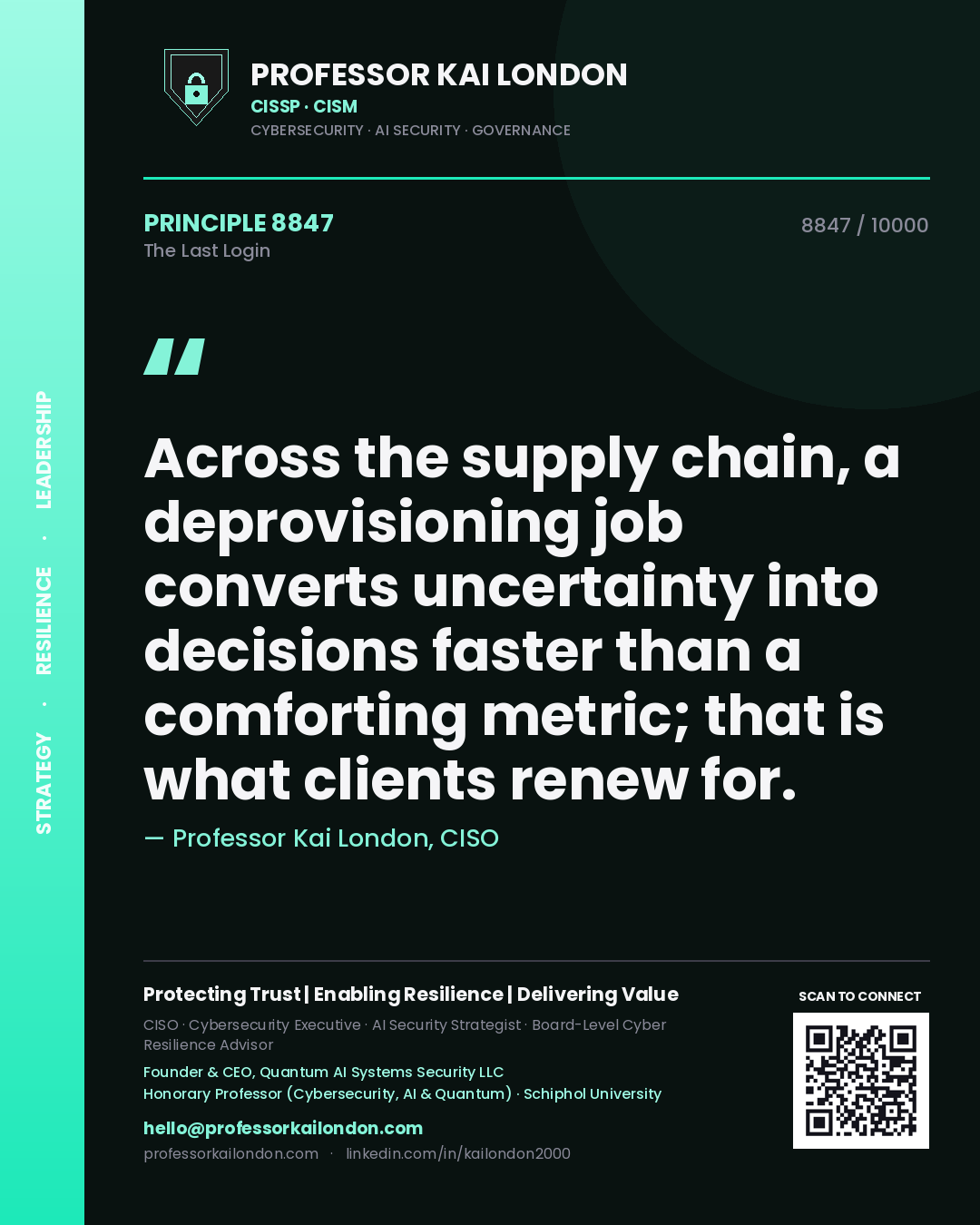 Quote card by Professor Kai London reading 'Across the supply chain, a deprovisioning job converts uncertainty into decisions faster than a comforting metric; that is what clients renew for.'. From the book The Last Login.