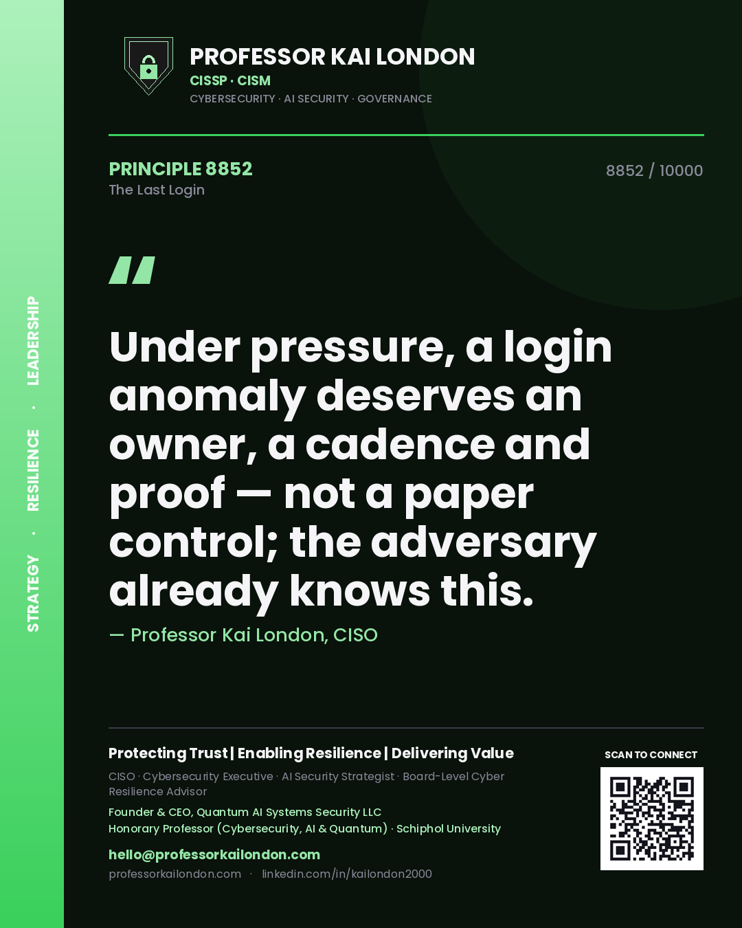Quote card by Professor Kai London reading 'Under pressure, a login anomaly deserves an owner, a cadence and proof — not a paper control; the adversary already knows this.'. From the book The Last Login.