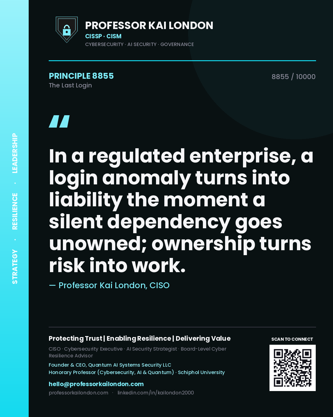 Quote card by Professor Kai London reading 'In a regulated enterprise, a login anomaly turns into liability the moment a silent dependency goes unowned; ownership turns risk into work.'. From the book The Last Login.