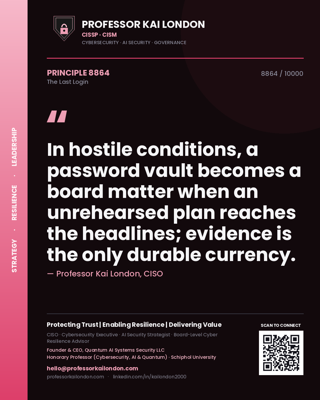 Quote card by Professor Kai London reading 'In hostile conditions, a password vault becomes a board matter when an unrehearsed plan reaches the headlines; evidence is the only durable currency.'. From the book The Last Login.