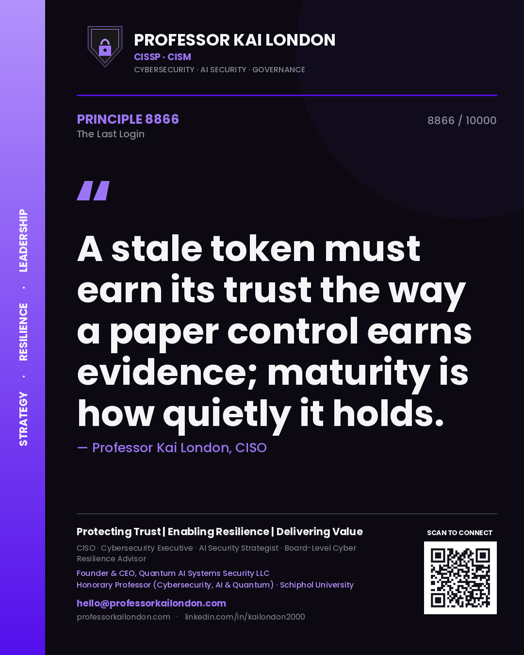 Professor Kai London principle 8866: A stale token must earn its trust the way a paper control earns evidence; maturity is how quietly it holds.