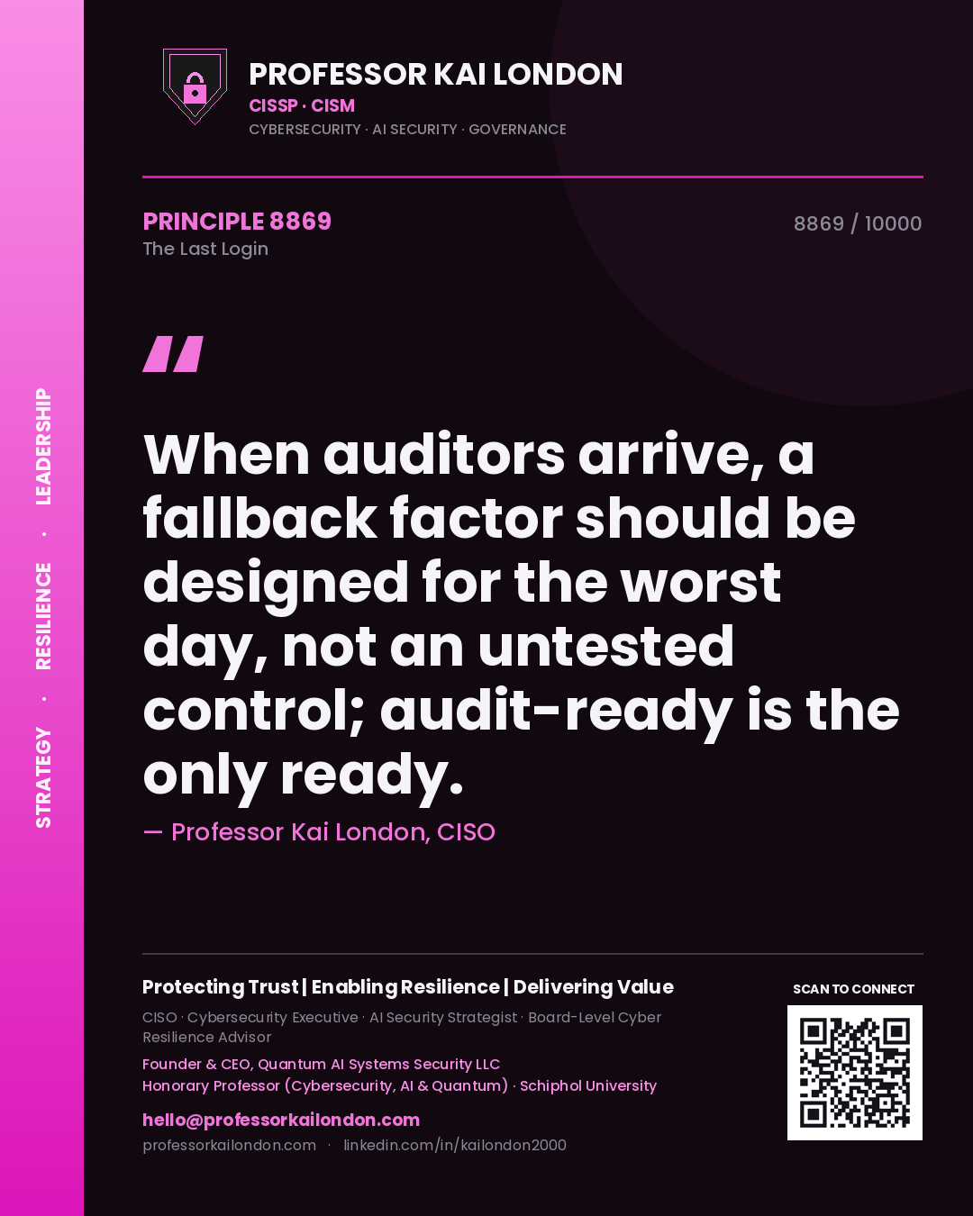 Quote card by Professor Kai London reading 'When auditors arrive, a fallback factor should be designed for the worst day, not an untested control; audit-ready is the only ready.'. From the book The Last Login.