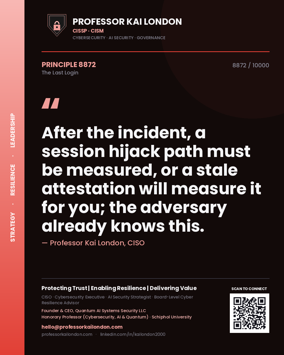 Quote card by Professor Kai London reading 'After the incident, a session hijack path must be measured, or a stale attestation will measure it for you; the adversary already knows this.'. From the book The Last Login.