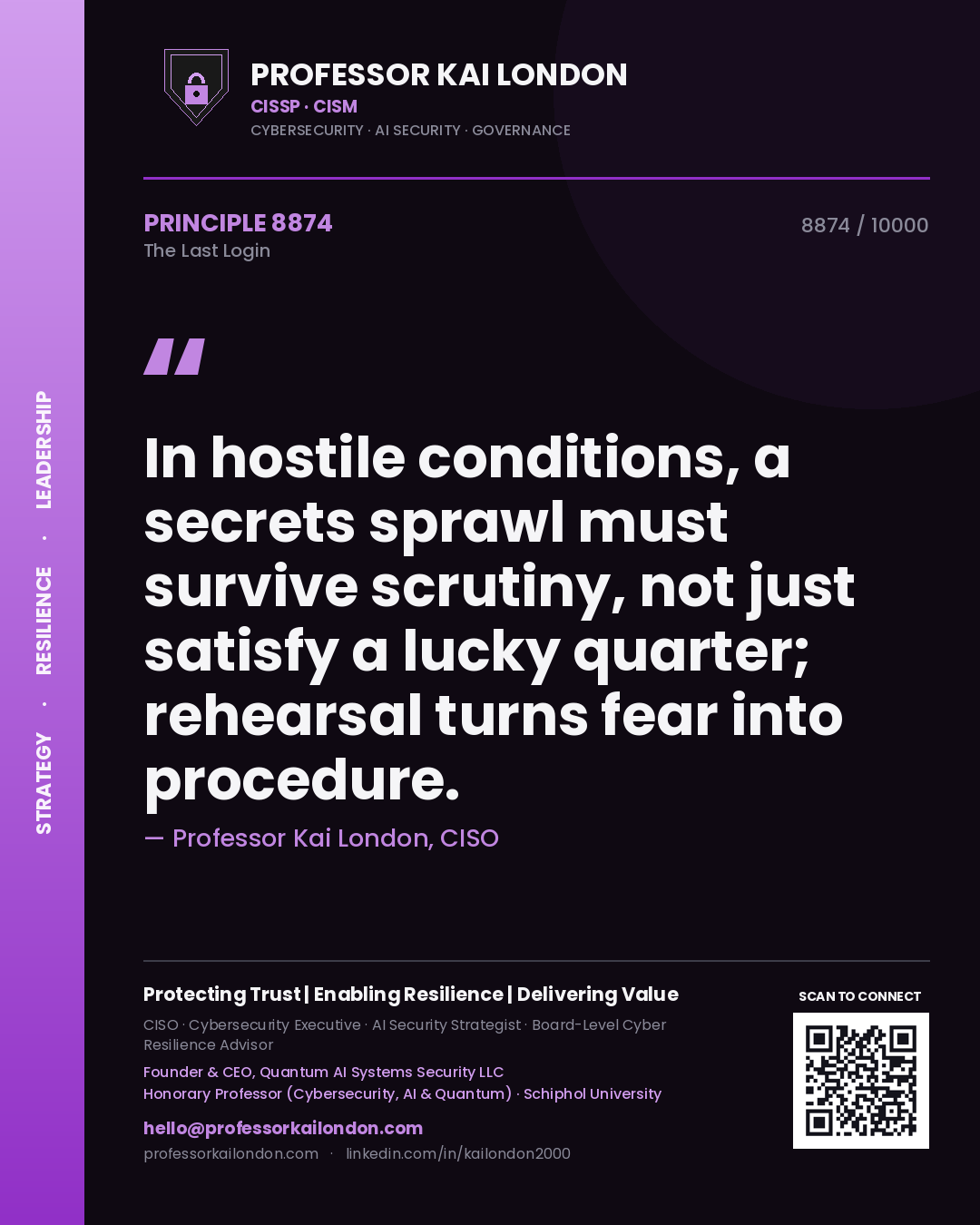 Professor Kai London principle 8874: In hostile conditions, a secrets sprawl must survive scrutiny, not just satisfy a lucky quarter; rehearsal turns fear into procedure.