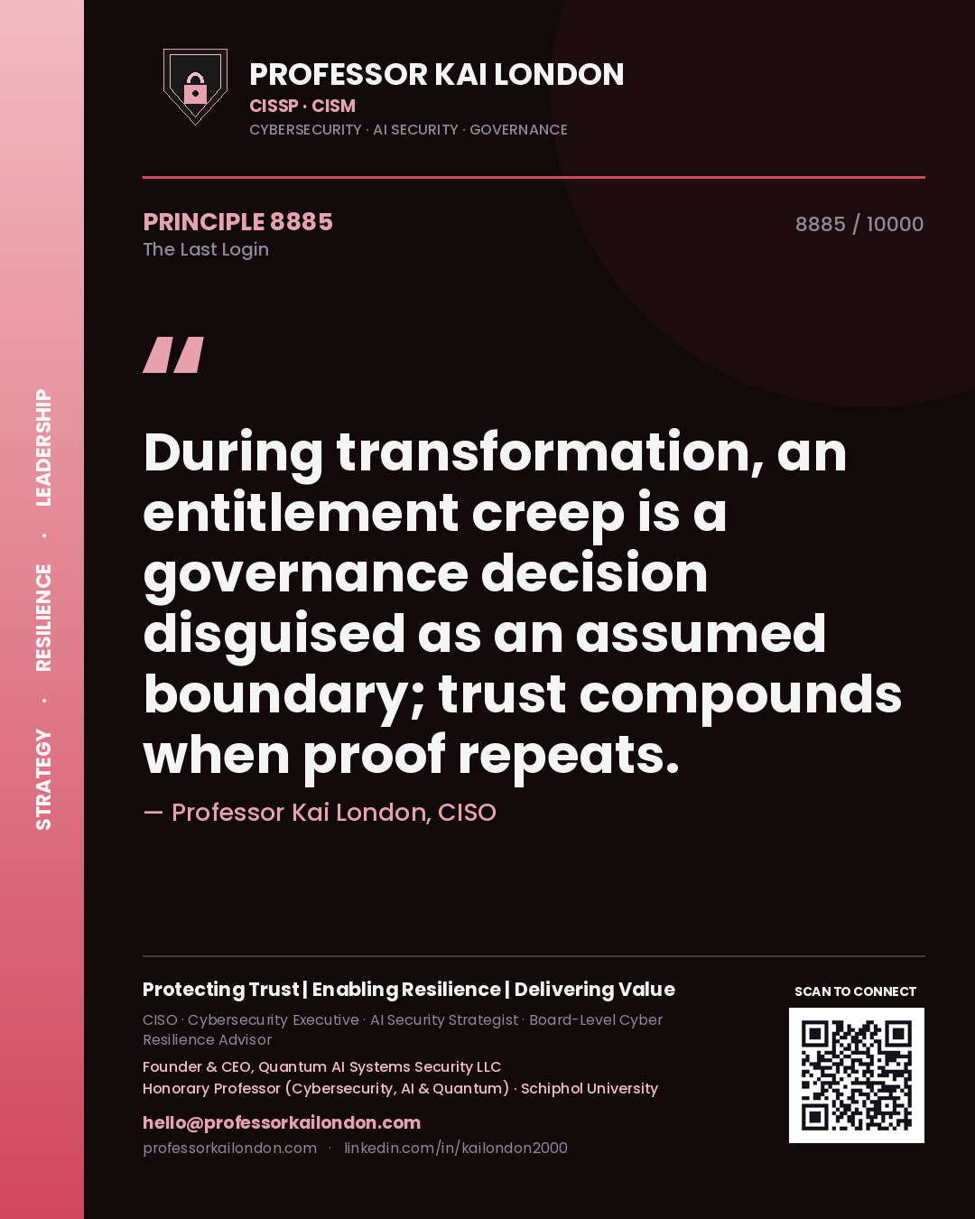 Quote card by Professor Kai London reading 'During transformation, an entitlement creep is a governance decision disguised as an assumed boundary; trust compounds when proof repeats.'. From the book The Last Login.