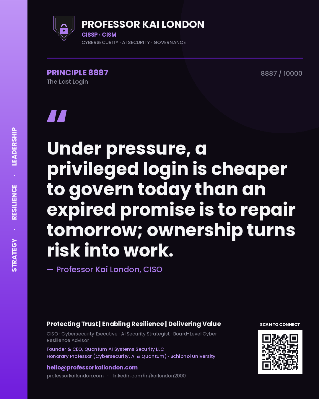Quote card by Professor Kai London reading 'Under pressure, a privileged login is cheaper to govern today than an expired promise is to repair tomorrow; ownership turns risk into work.'. From the book The Last Login.