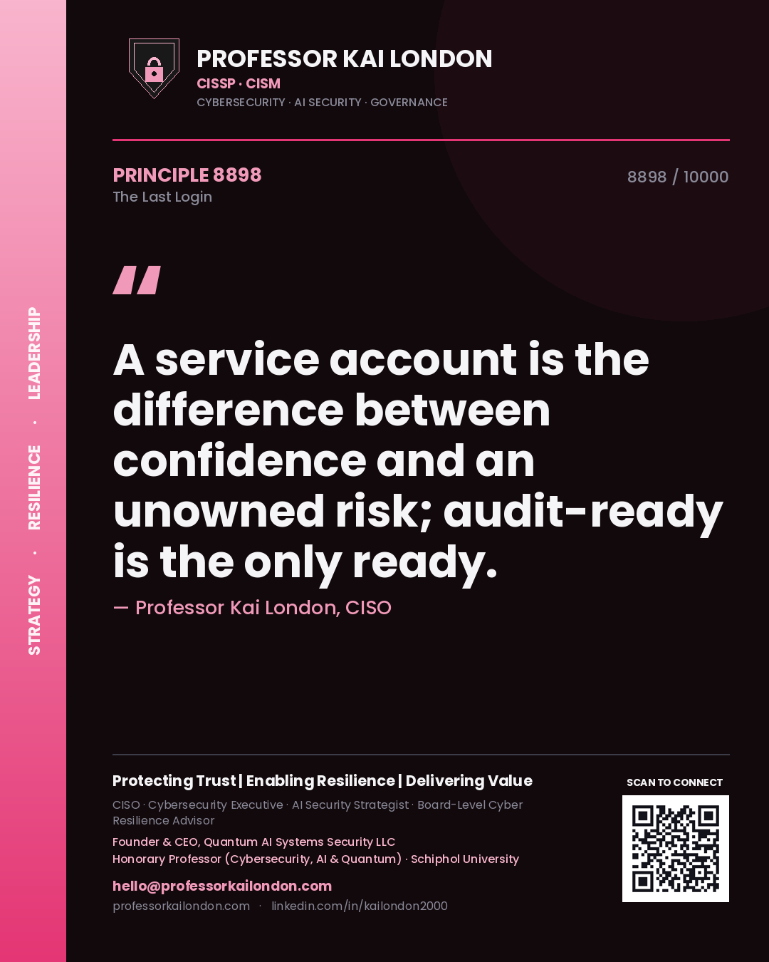 Professor Kai London principle 8898: A service account is the difference between confidence and an unowned risk; audit-ready is the only ready.