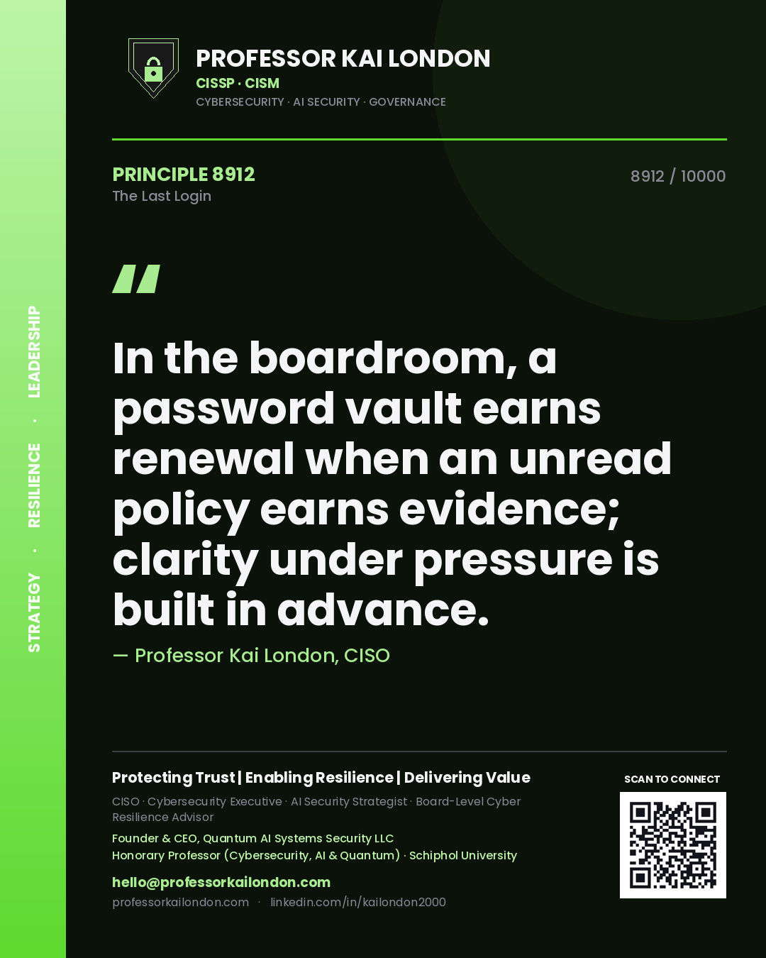 Professor Kai London principle 8912: In the boardroom, a password vault earns renewal when an unread policy earns evidence; clarity under pressure is built in advance.