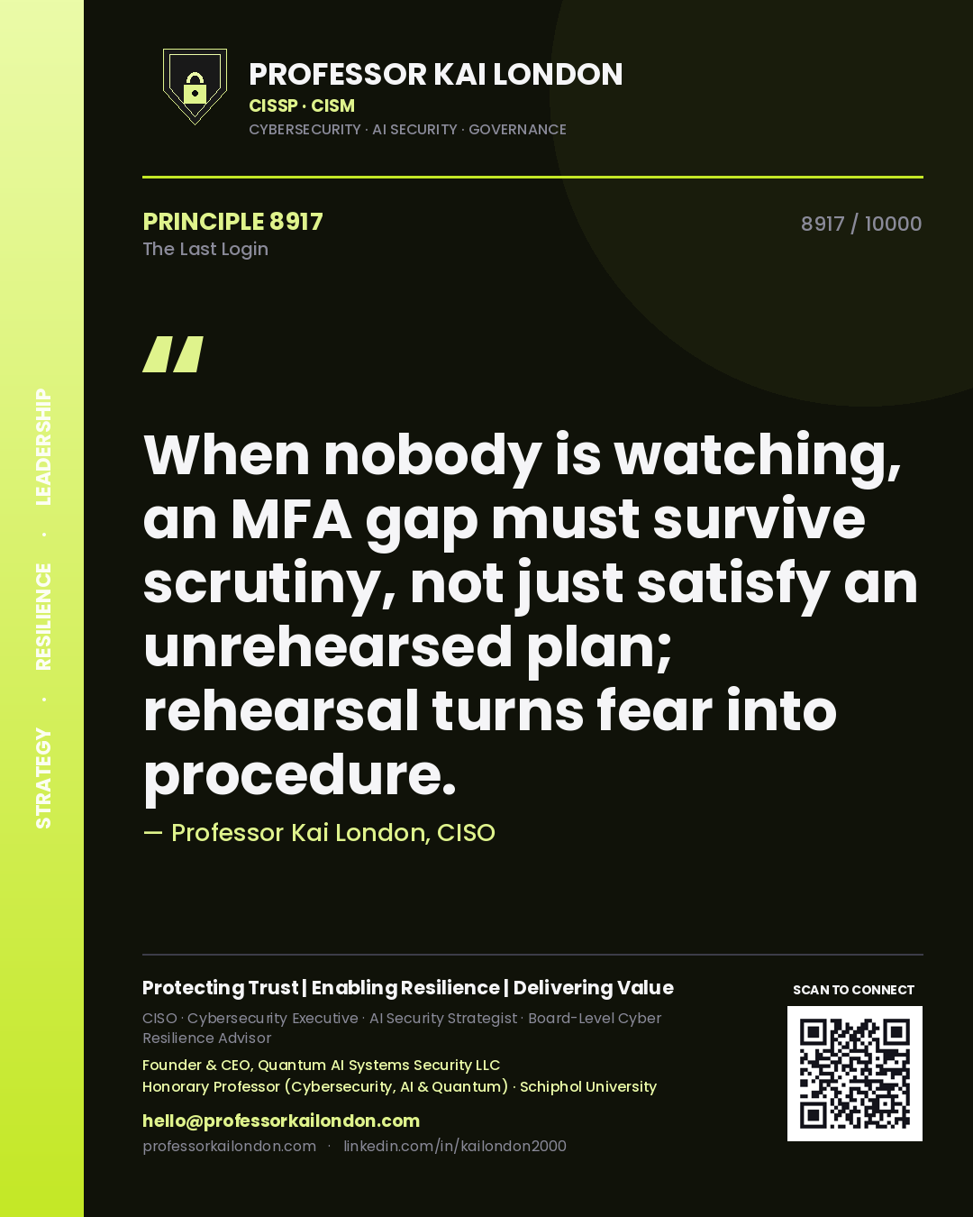 Professor Kai London principle 8917: When nobody is watching, an MFA gap must survive scrutiny, not just satisfy an unrehearsed plan; rehearsal turns fear into procedure.