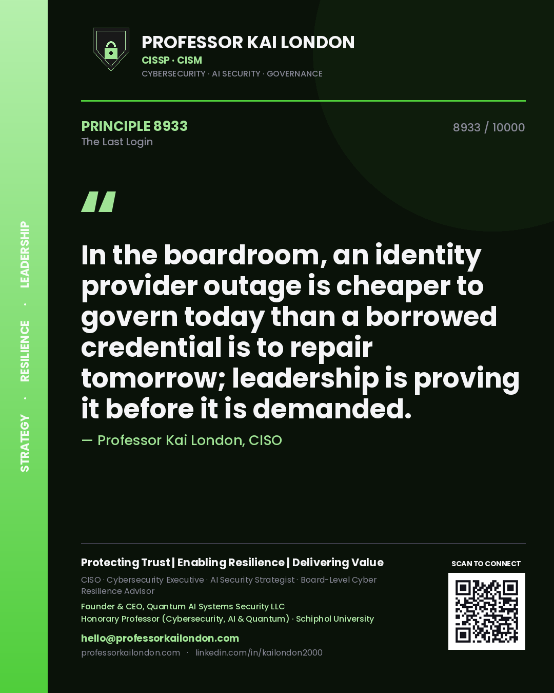 Professor Kai London principle 8933: In the boardroom, an identity provider outage is cheaper to govern today than a borrowed credential is to repair tomorrow; leadership is proving it before it is demanded.