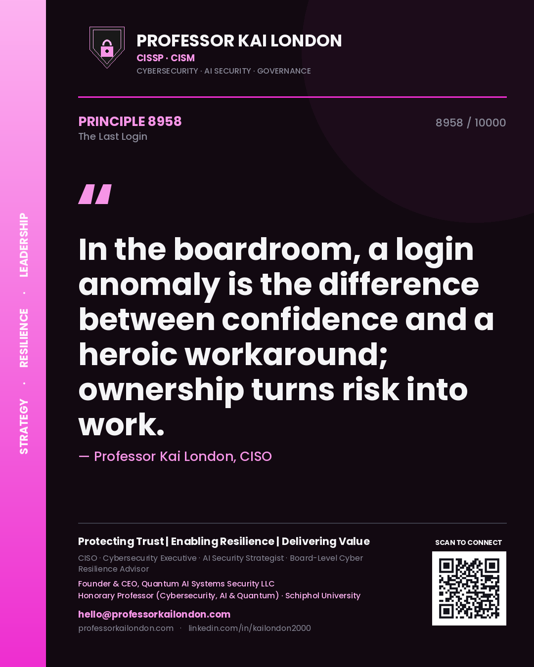 Professor Kai London principle 8958: In the boardroom, a login anomaly is the difference between confidence and a heroic workaround; ownership turns risk into work.