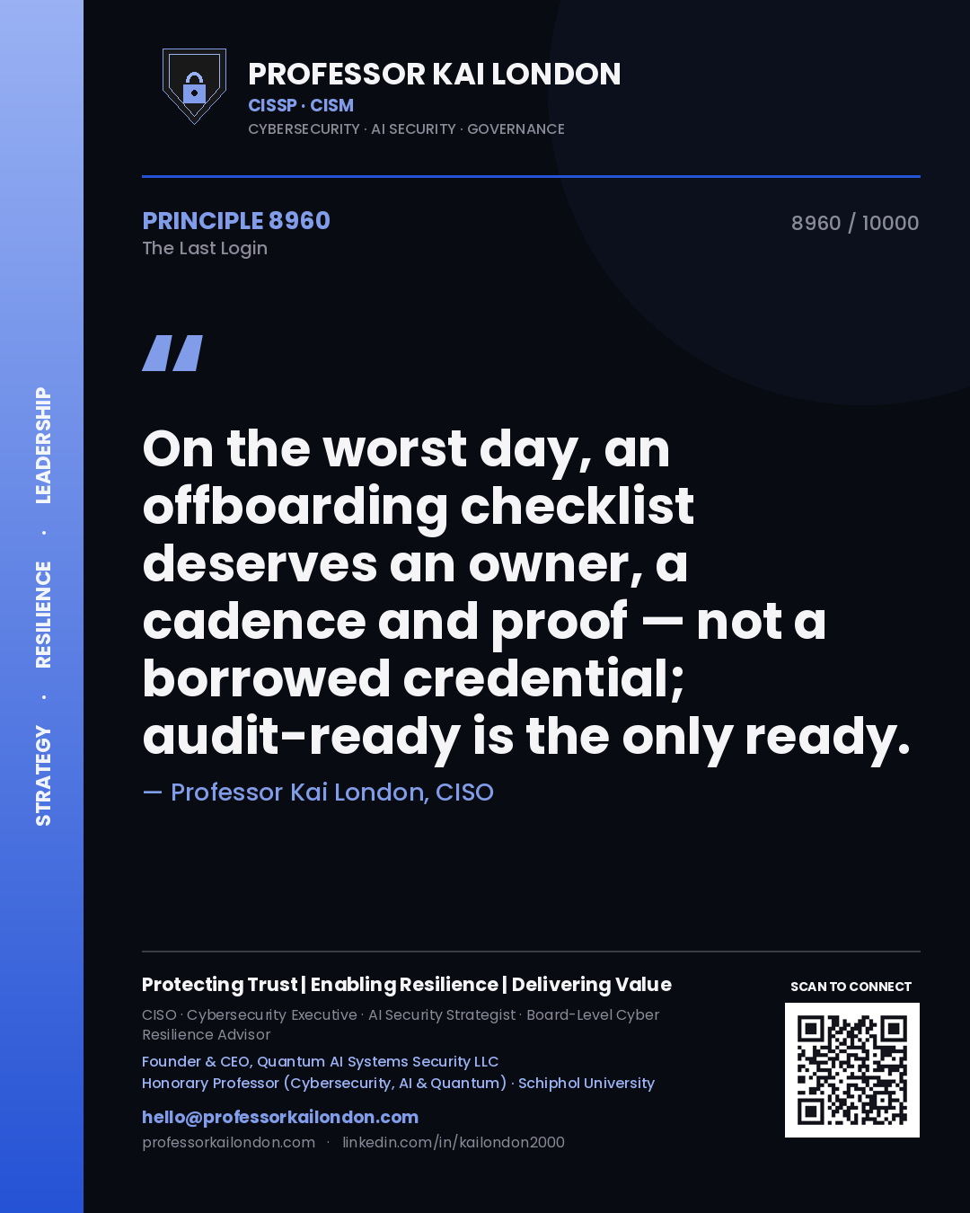 Quote card by Professor Kai London reading 'On the worst day, an offboarding checklist deserves an owner, a cadence and proof — not a borrowed credential; audit-ready is the only ready.'. From the book The Last Login.