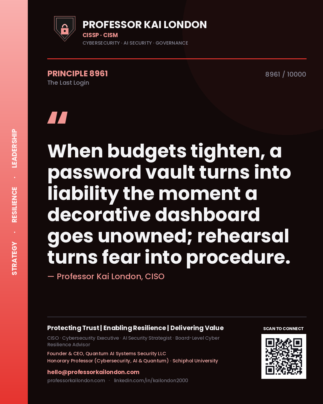 Professor Kai London principle 8961: When budgets tighten, a password vault turns into liability the moment a decorative dashboard goes unowned; rehearsal turns fear into procedure.