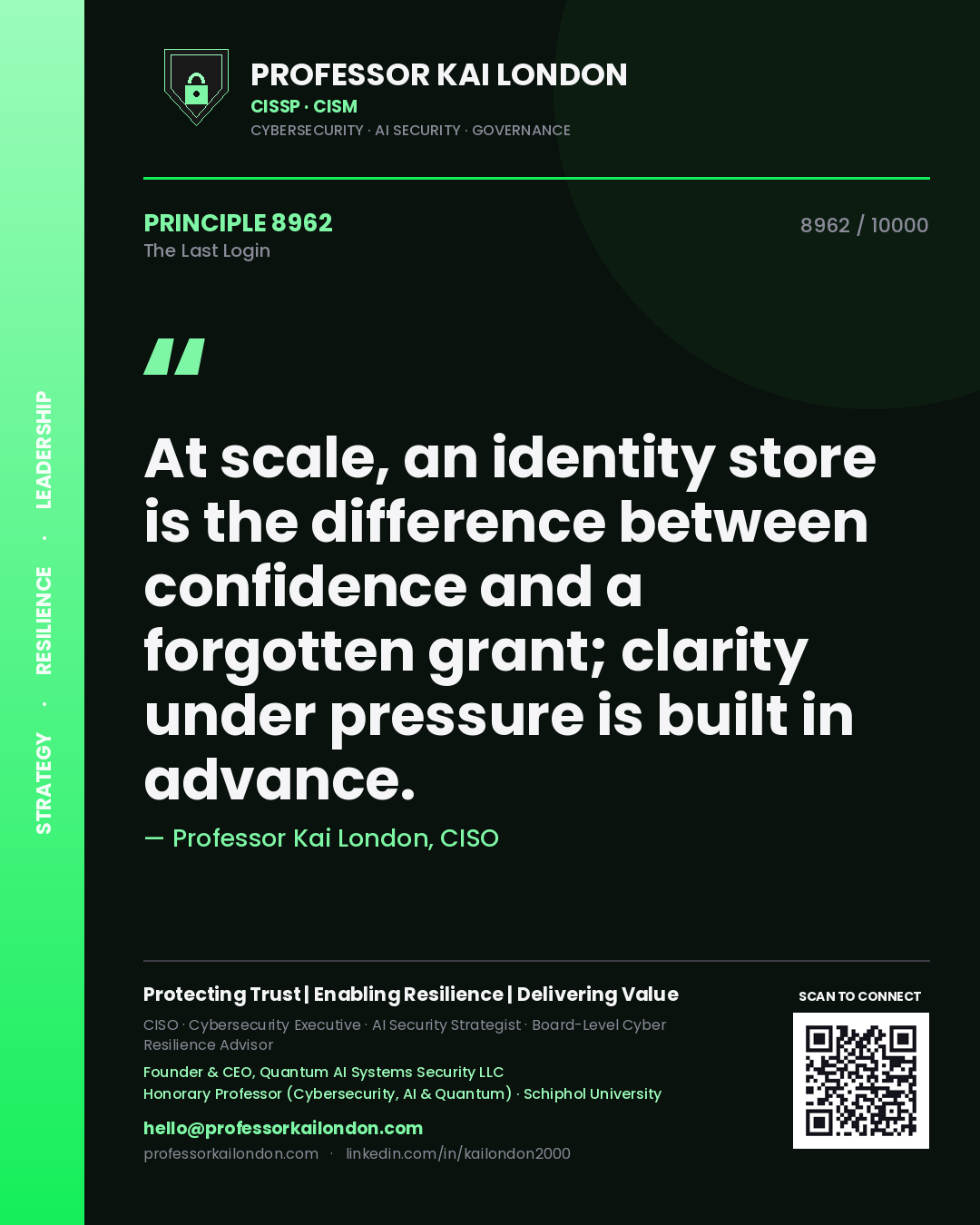 Quote card by Professor Kai London reading 'At scale, an identity store is the difference between confidence and a forgotten grant; clarity under pressure is built in advance.'. From the book The Last Login.