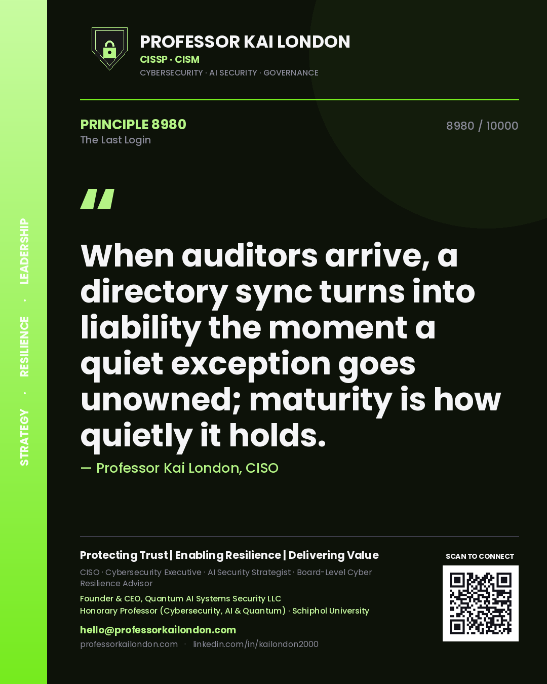 Quote card by Professor Kai London reading 'When auditors arrive, a directory sync turns into liability the moment a quiet exception goes unowned; maturity is how quietly it holds.'. From the book The Last Login.