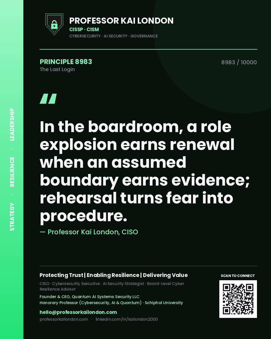 Professor Kai London principle 8983: In the boardroom, a role explosion earns renewal when an assumed boundary earns evidence; rehearsal turns fear into procedure.