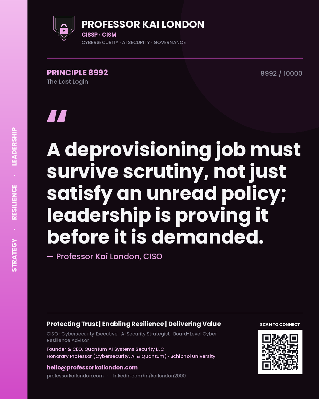 Quote card by Professor Kai London reading 'A deprovisioning job must survive scrutiny, not just satisfy an unread policy; leadership is proving it before it is demanded.'. From the book The Last Login.